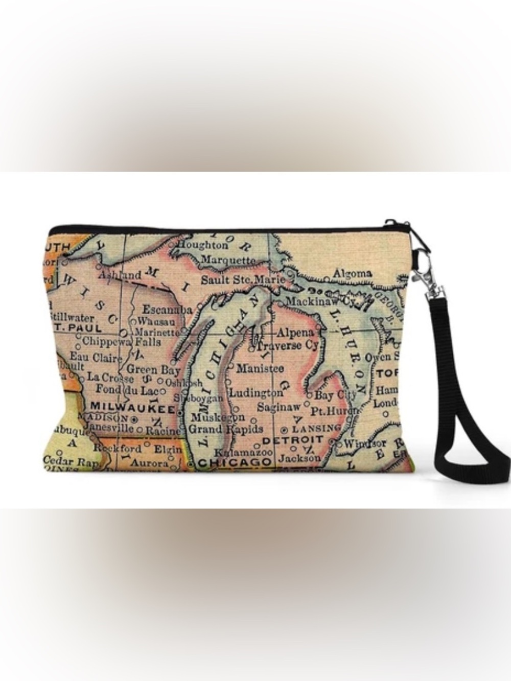 NWT Daisy May Designs zipper pouch of vintage map of Great Lakes & Michigan